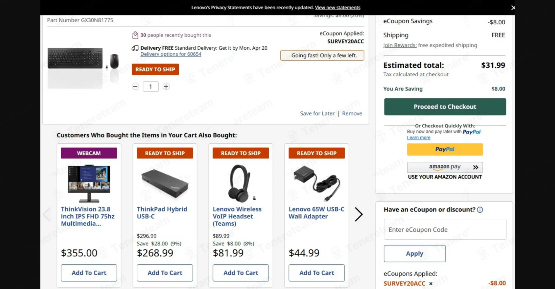 Lenovo coupon code: Sale off with SURVEY20ACC. Tested and valid as 6 days ago.