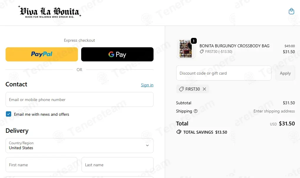 Viva La Bonita coupon code: 30% off with FIRST30. Tested and valid as 4 months ago.
