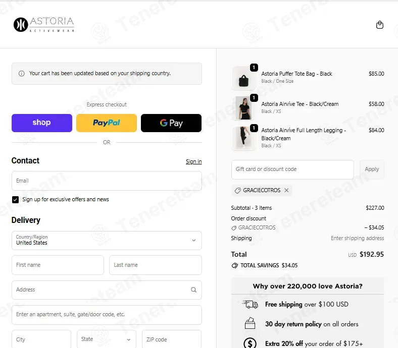 Astoria Activewear coupon code: 15% off with GRACIECOTROS. Tested and valid as 3 weeks ago.