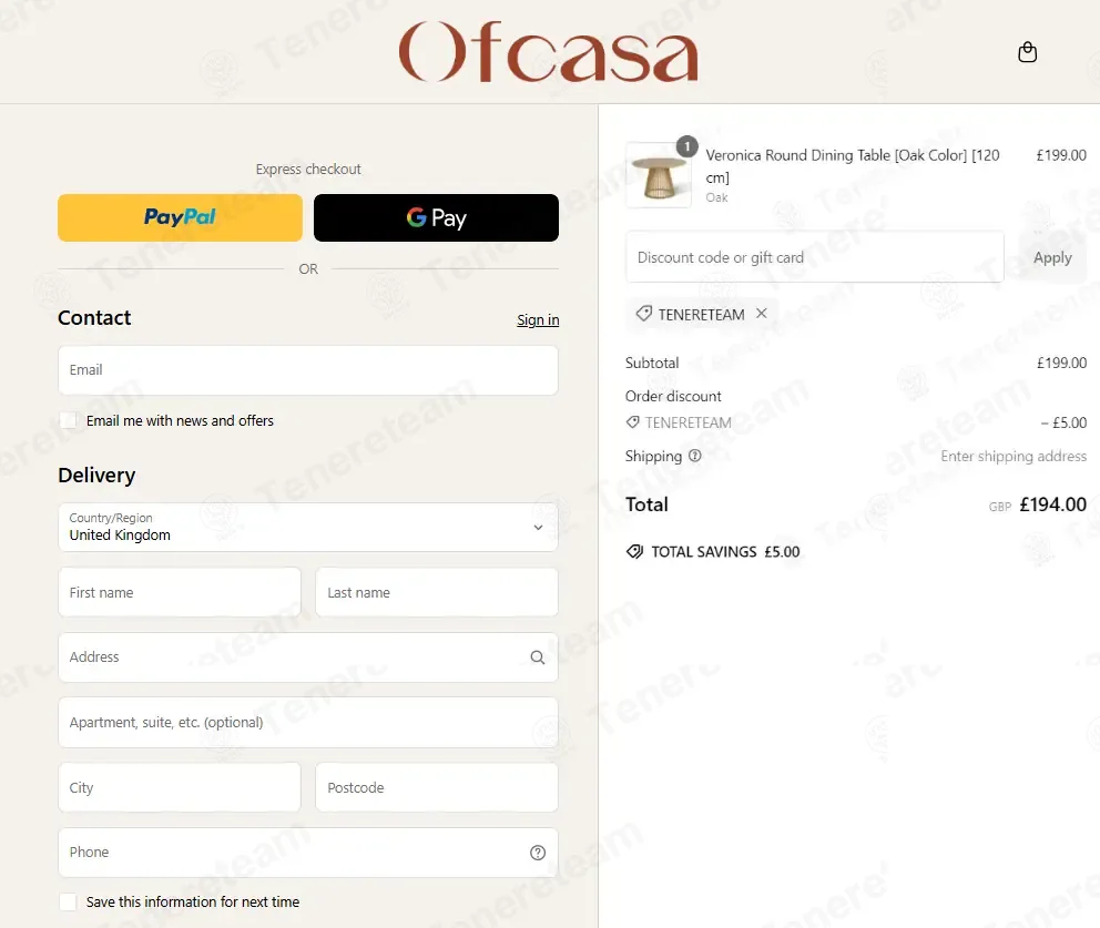 Ofcasa Furniture coupon code: £5 off with TENERETEAM. Tested and valid as 7 months ago.