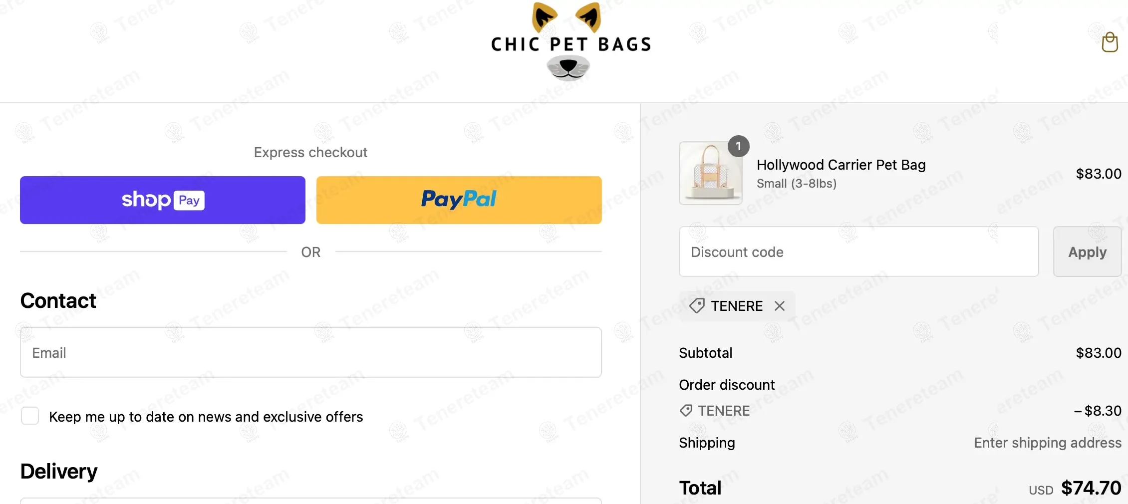 Chic Pet Bags coupon code: 10% off with tenere. Tested and valid as 5 months ago.