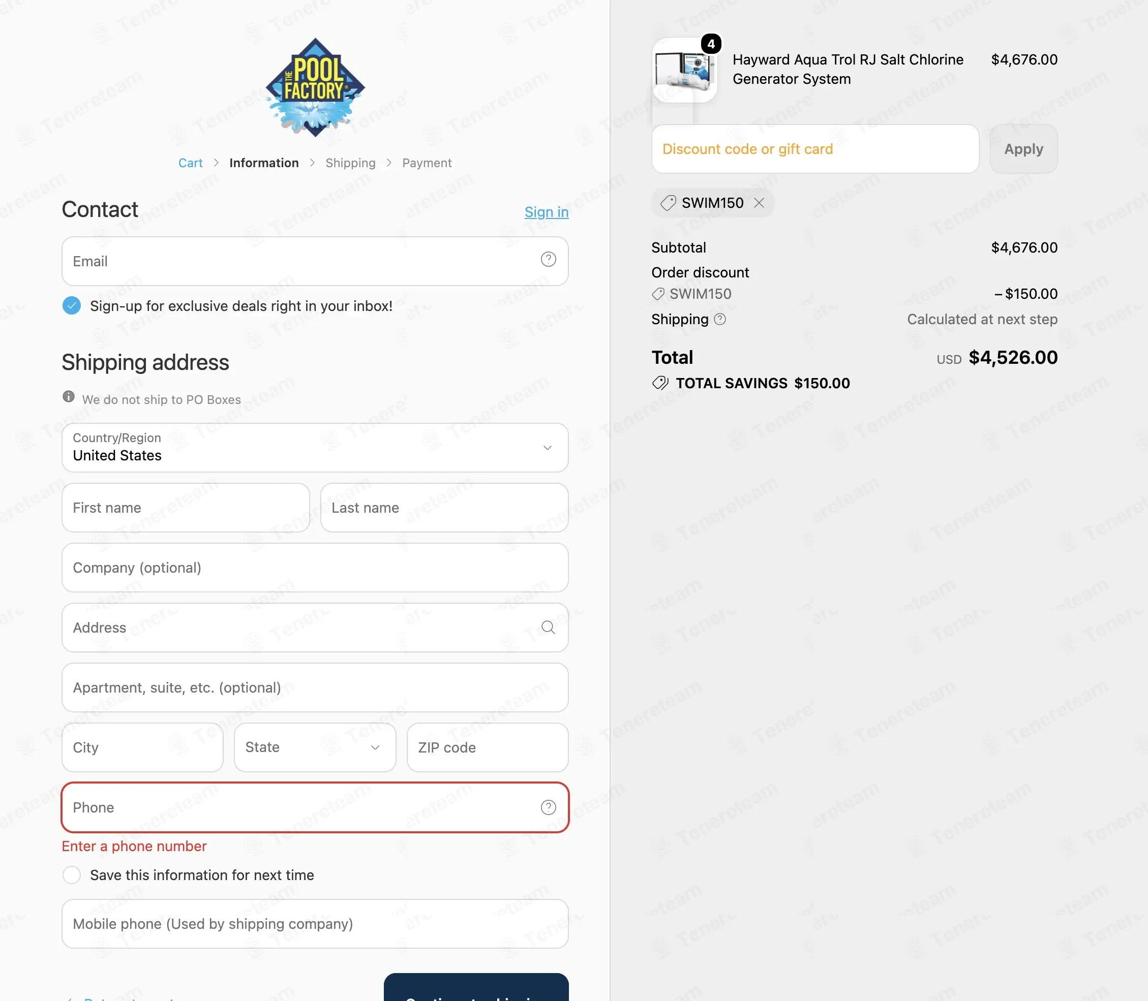 The Pool Factory apply coupon code