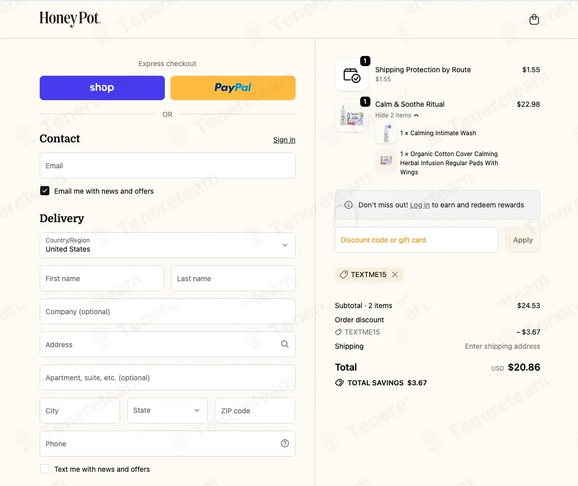 The Honey Pot coupon code: 15% off with TEXTME15. Tested and valid as 1 month ago.