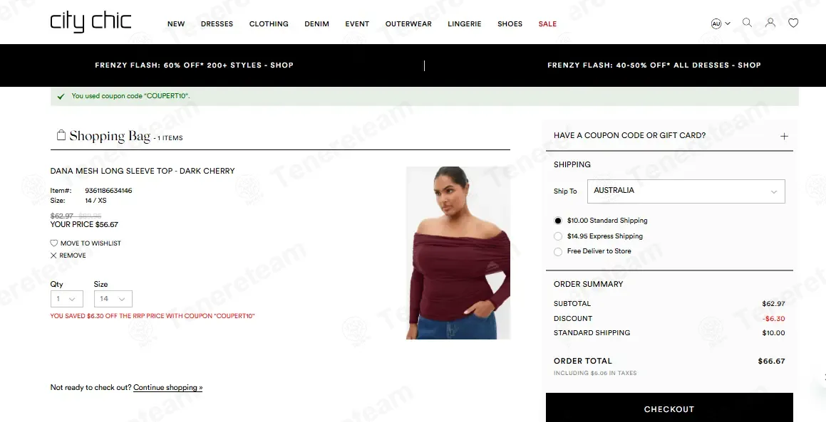 City Chic Australia coupon code: 10% off with COUPERT10. Tested and valid as 2 weeks ago.