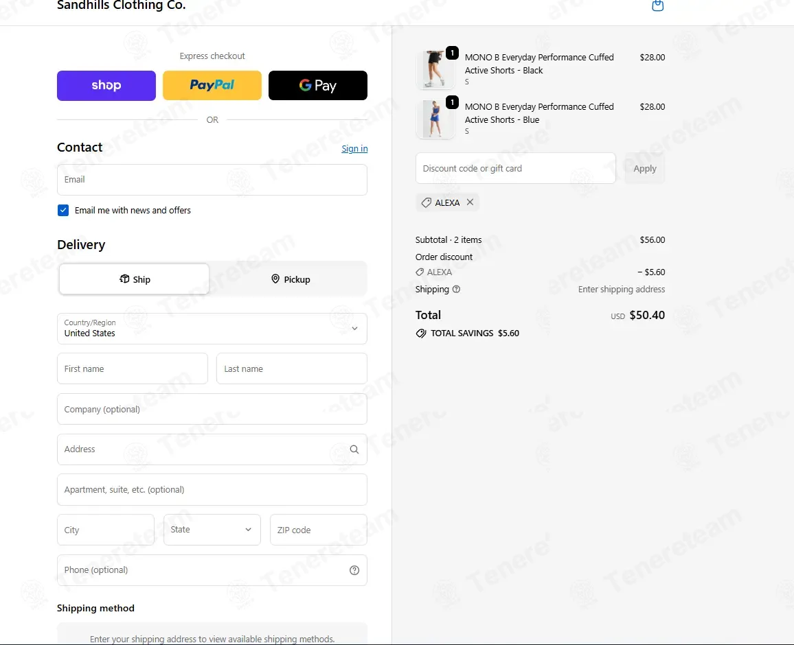Sandhills Clothing Co coupon code: 10% off with ALEXA. Tested and valid as 2 weeks ago.