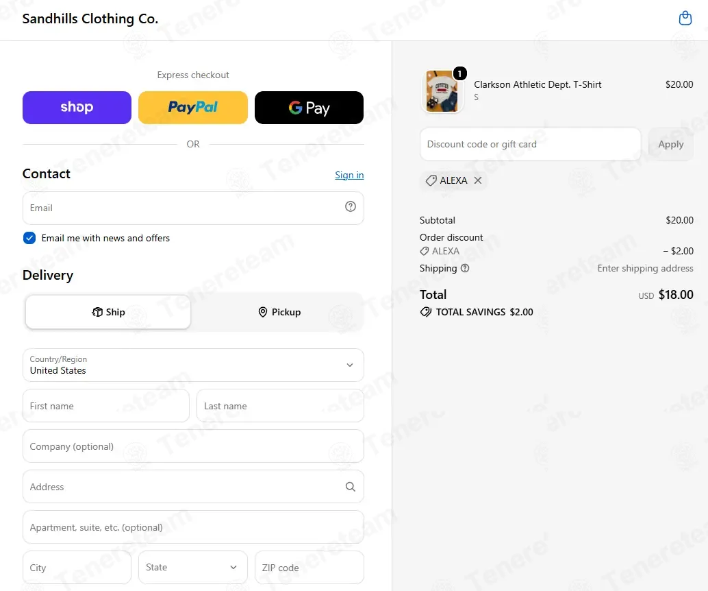 Sandhills Clothing Co coupon code: 10% off with ALEXA. Tested and valid as 2 weeks ago.
