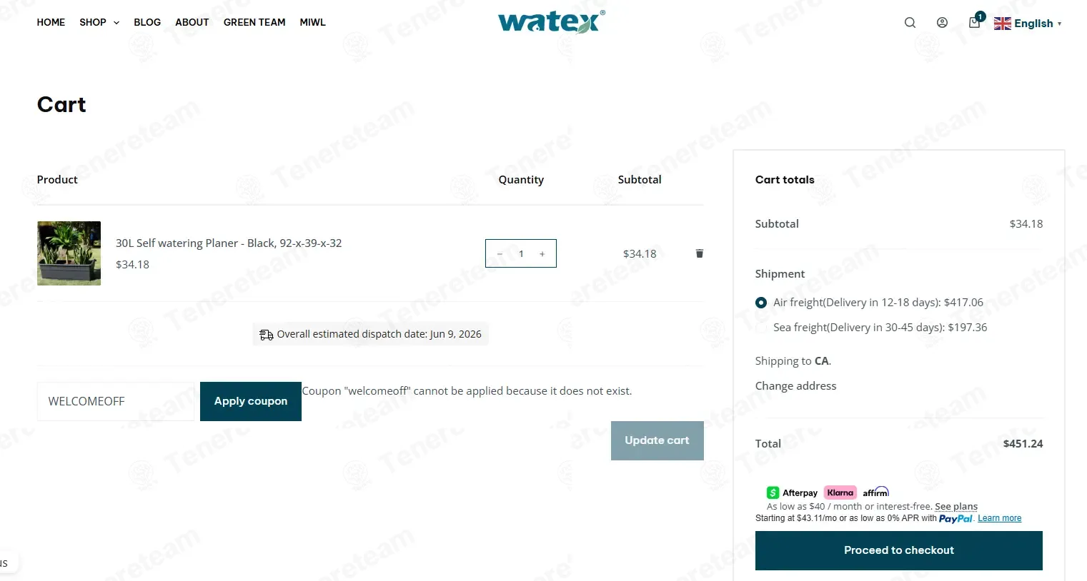 Watex Green Living coupon code: 10% off with WELCOMEOFF. Tested and valid as 3 months ago.