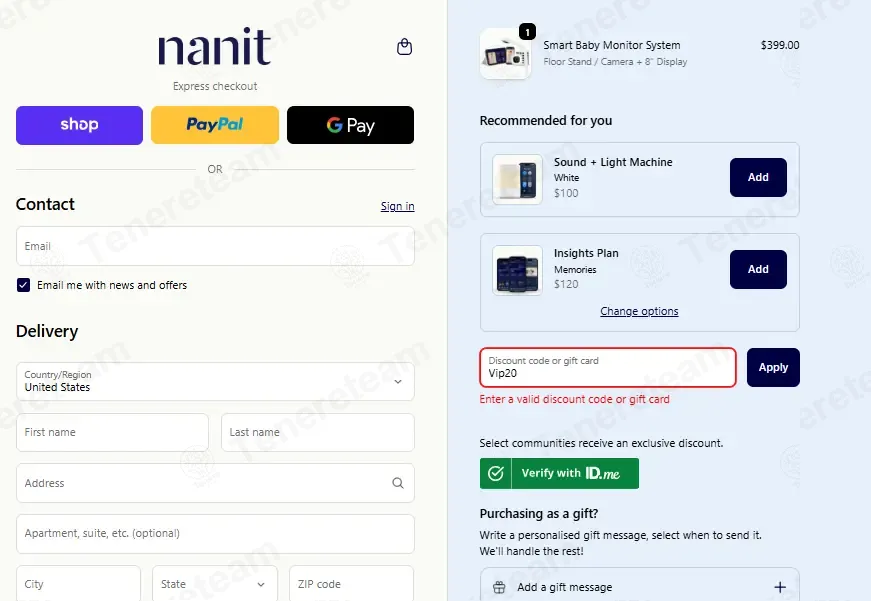 Nanit coupon code: 20% off with Vip20. Tested and valid as 2 months ago.