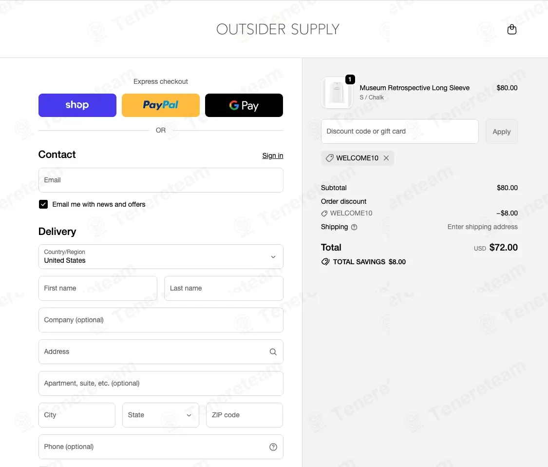 Outsider Supply coupon code: 10% off with WELCOME10. Tested and valid as 4 days ago.