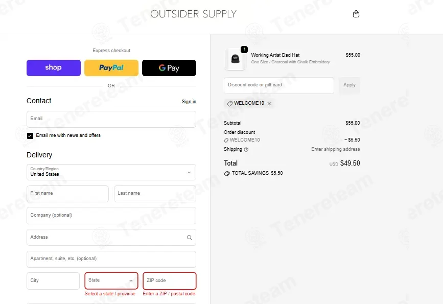 Outsider Supply coupon code: 10% off with WELCOME10. Tested and valid as 4 days ago.