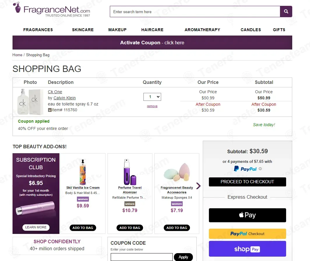 FragranceNet coupon code: 40% off with MRT9Y. Tested and valid as 3 months ago.