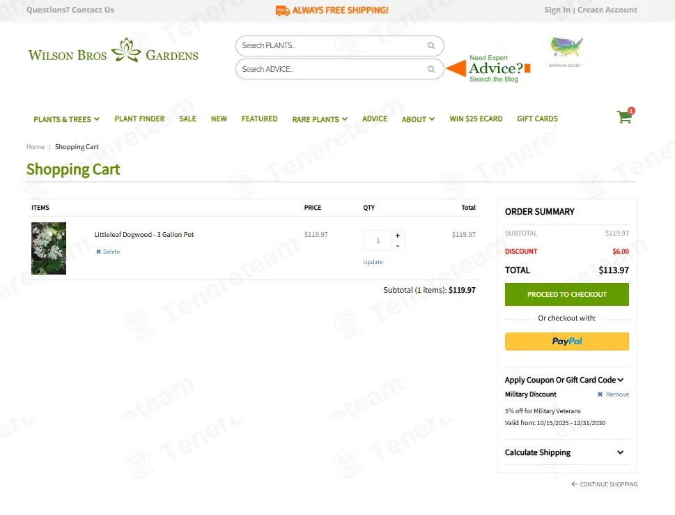 Wilson Bros Gardens coupon code: 5% off with military5. Tested and valid as 3 months ago.