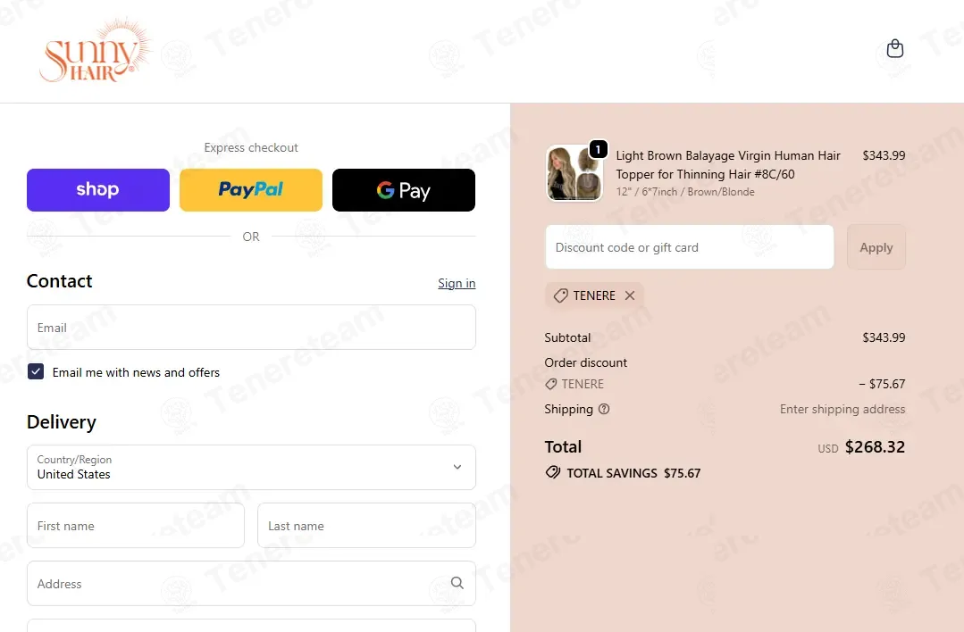 Sunny Hair Extensions coupon code: 22% off with TENERE. Tested and valid as 2 months ago.