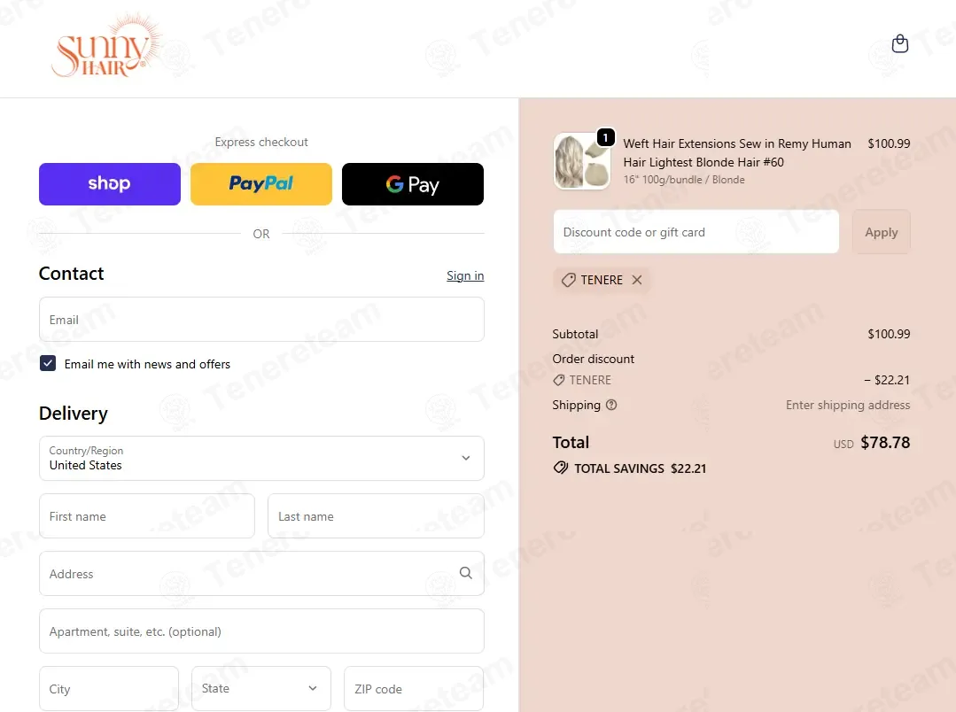 Sunny Hair Extensions coupon code: 22% off with TENERE. Tested and valid as 2 months ago.