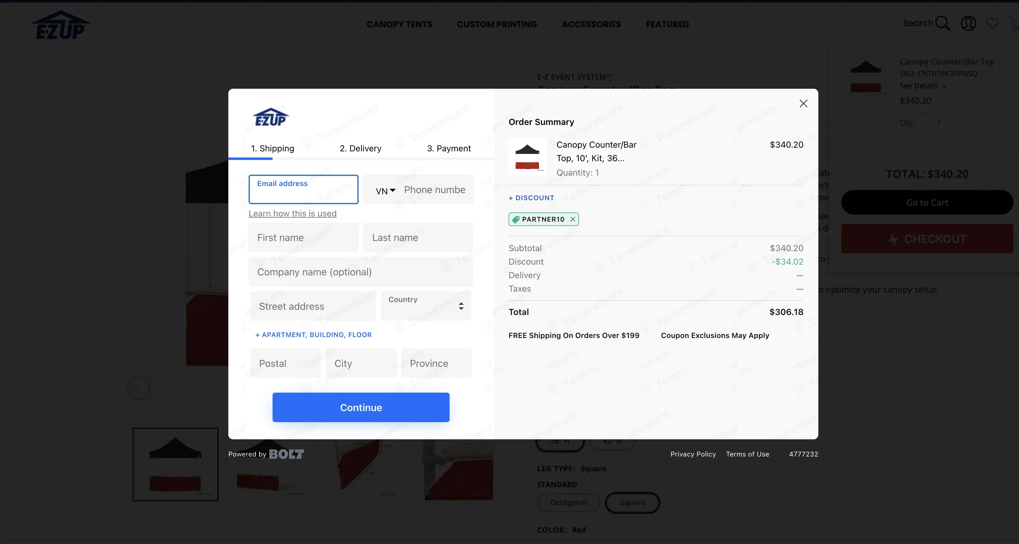 E-Z UP coupon code: 10% off with PARTNER10. Tested and valid as 2 months ago.