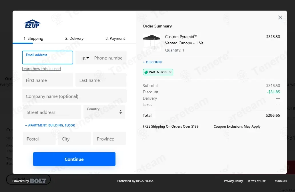E-Z UP coupon code: 10% off with PARTNER10. Tested and valid as 2 months ago.