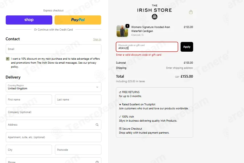 The Irish Store coupon code: 20% off with ARAN20. Tested and valid as 2 months ago.