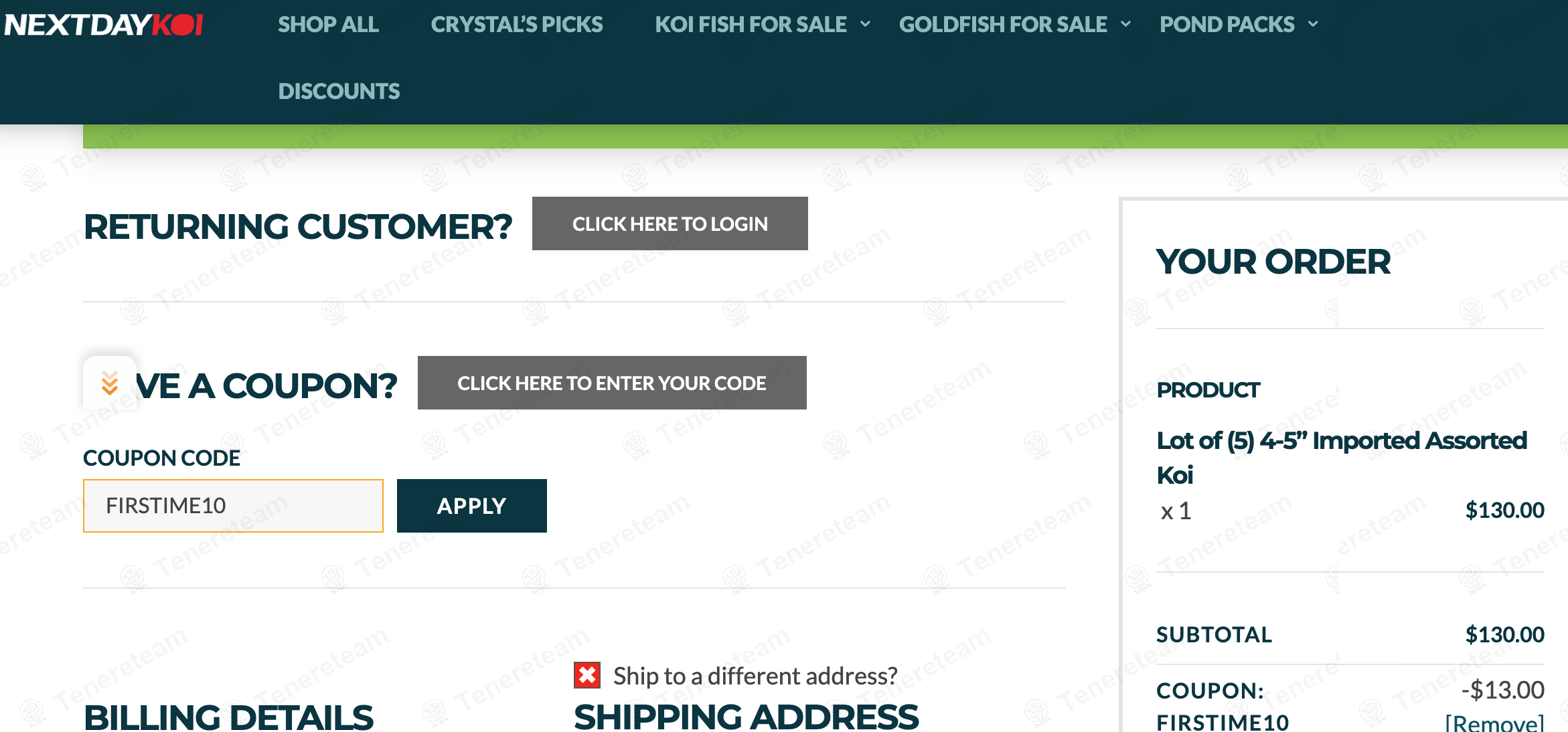 Next Day Koi coupon code: 10% off with FIRSTIME10. Tested and valid as 1 year ago.