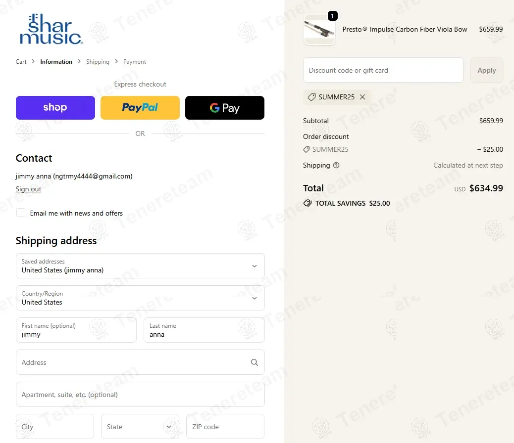 Shar Music coupon code: $25 off with SUMMER25. Tested and valid as 8 months ago.
