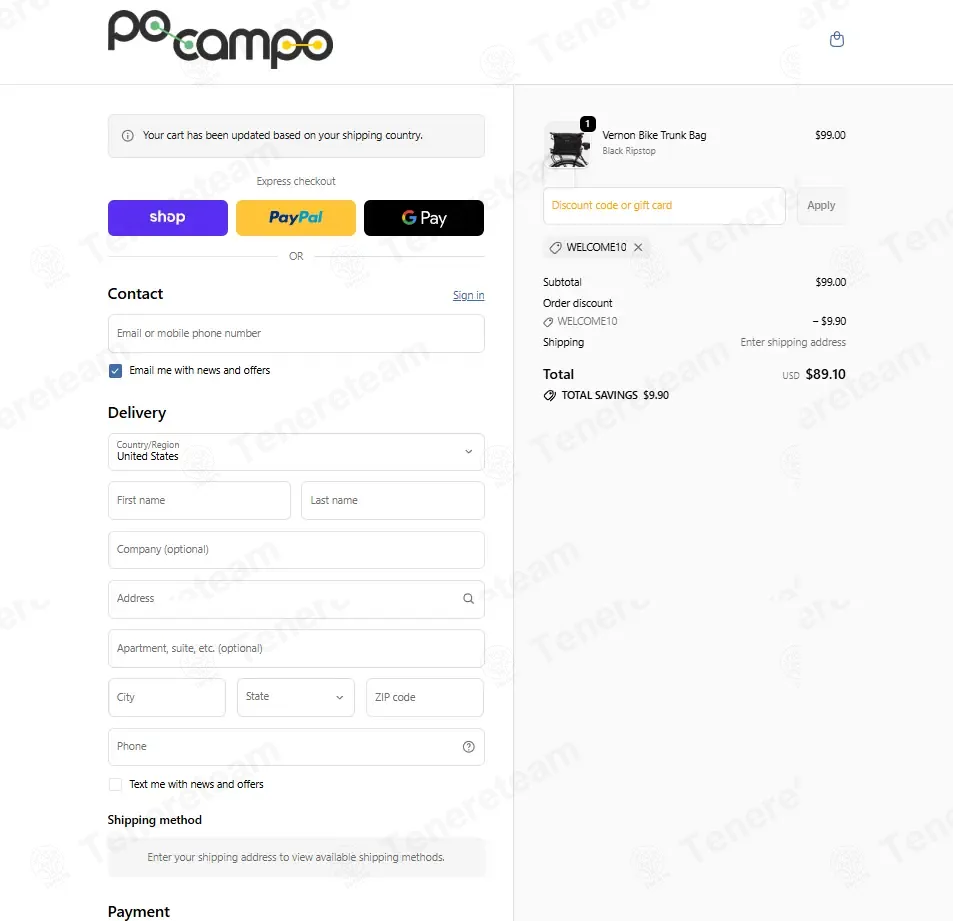 Po Campo coupon code: 10% off with WELCOME10. Tested and valid as 9 months ago.