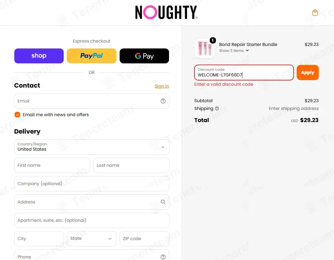 Noughty Haircare coupon code: 15% off with WELCOME-L7GF66D7. Tested and valid as 2 months ago.