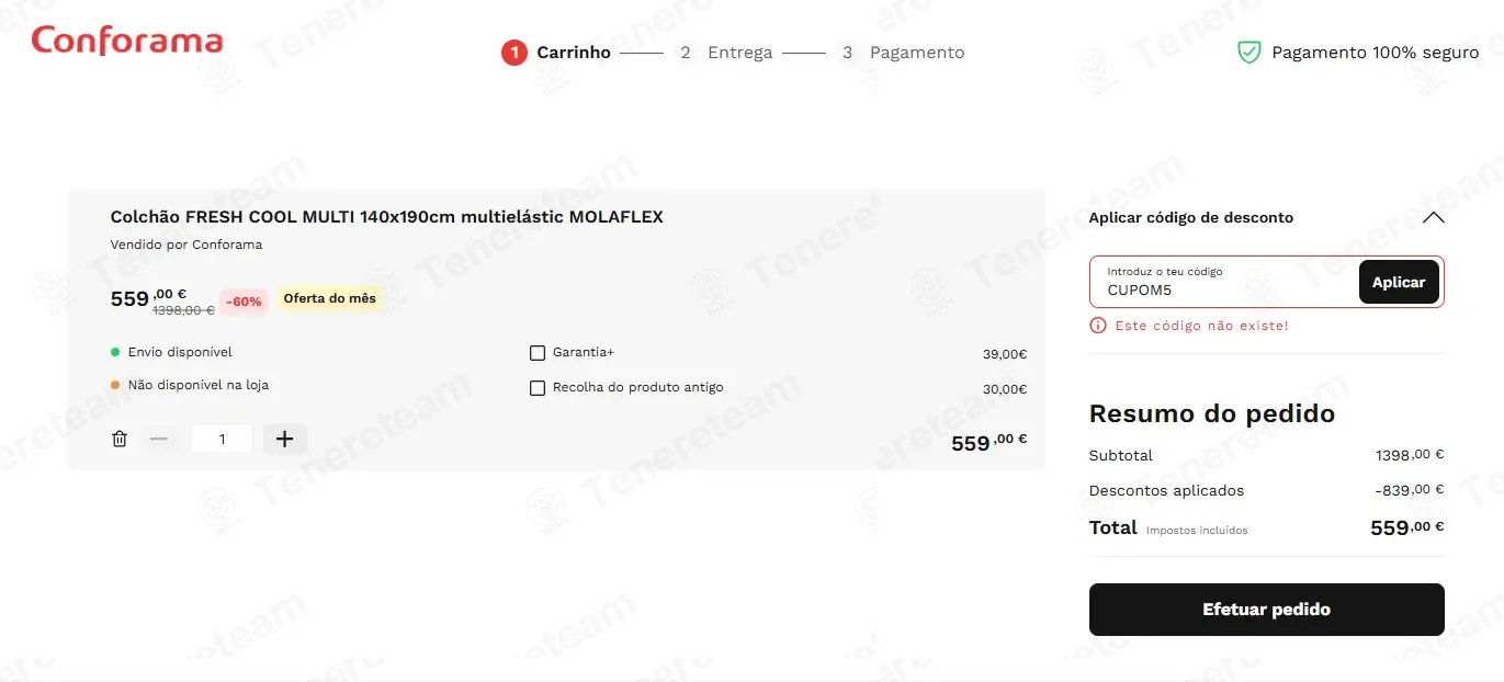 Conforama PT coupon code: €5 off with CUPOM5. Tested and valid as 1 day ago.