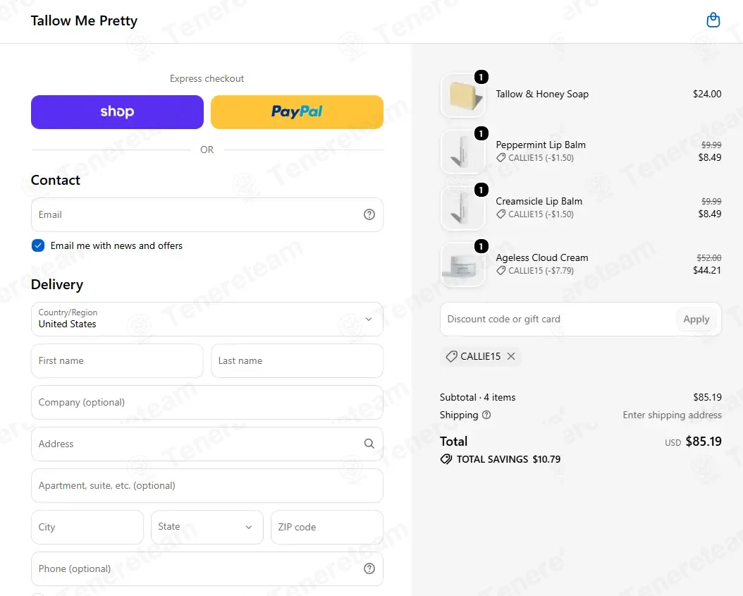Tallow Me Pretty coupon code successfully applied at checkout