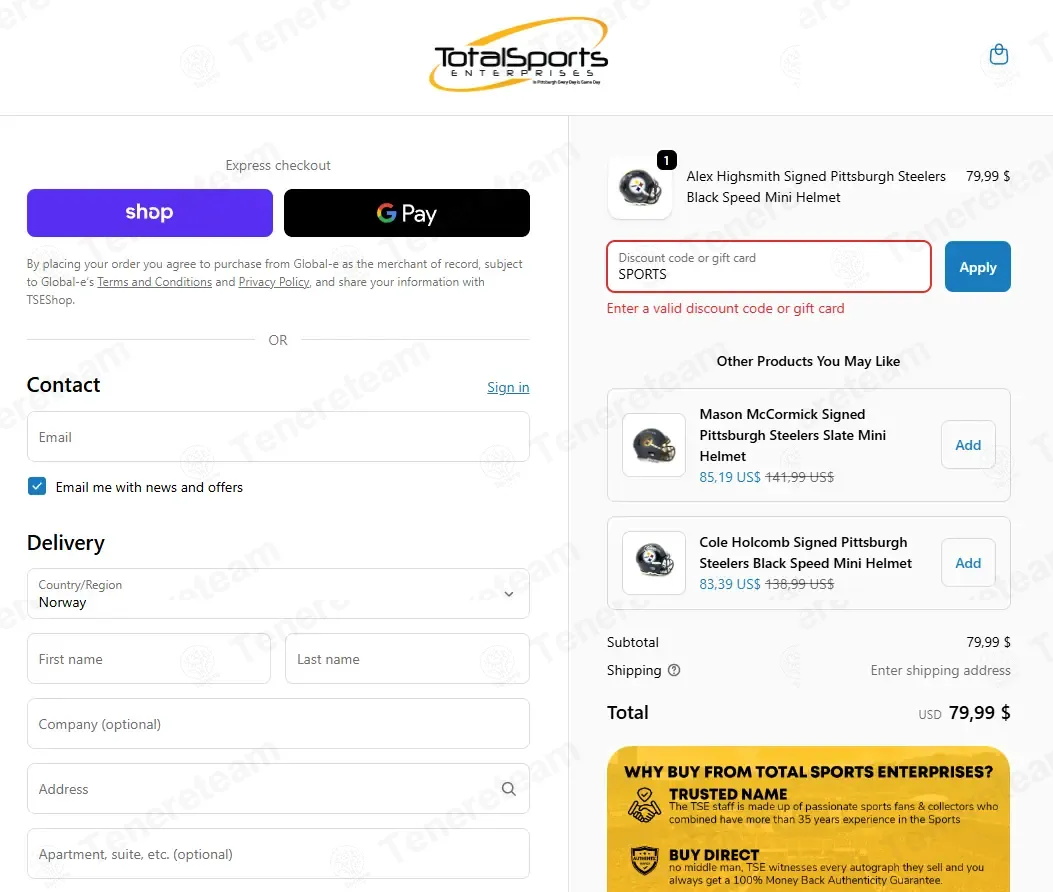 Total Sports Enterprises coupon code: 10% off with SPORTS. Tested and valid as 1 month ago.