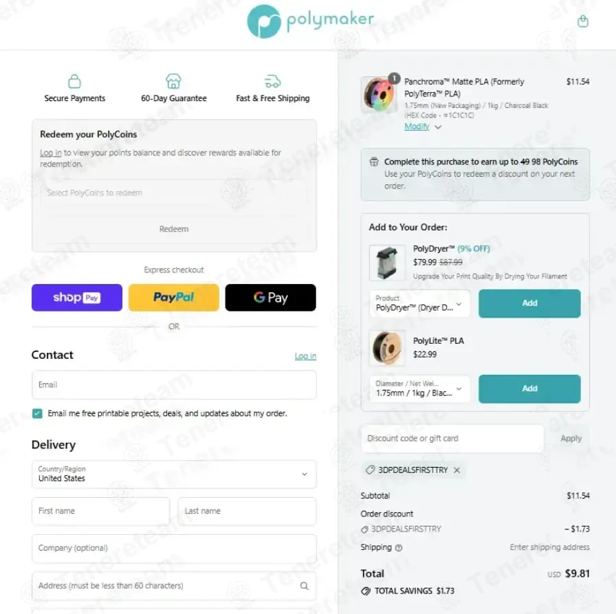Polymaker coupon code: 15% off with 3DPDEALSFIRSTTRY. Tested and valid as 2 weeks ago.