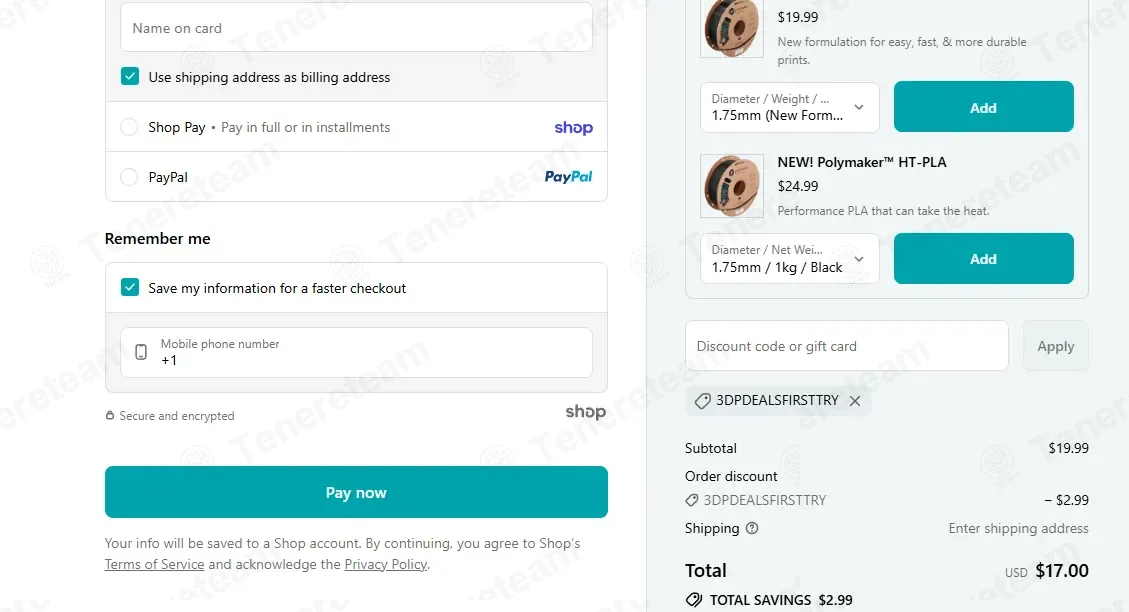 Polymaker coupon code: 15% off with 3DPDEALSFIRSTTRY. Tested and valid as 2 weeks ago.