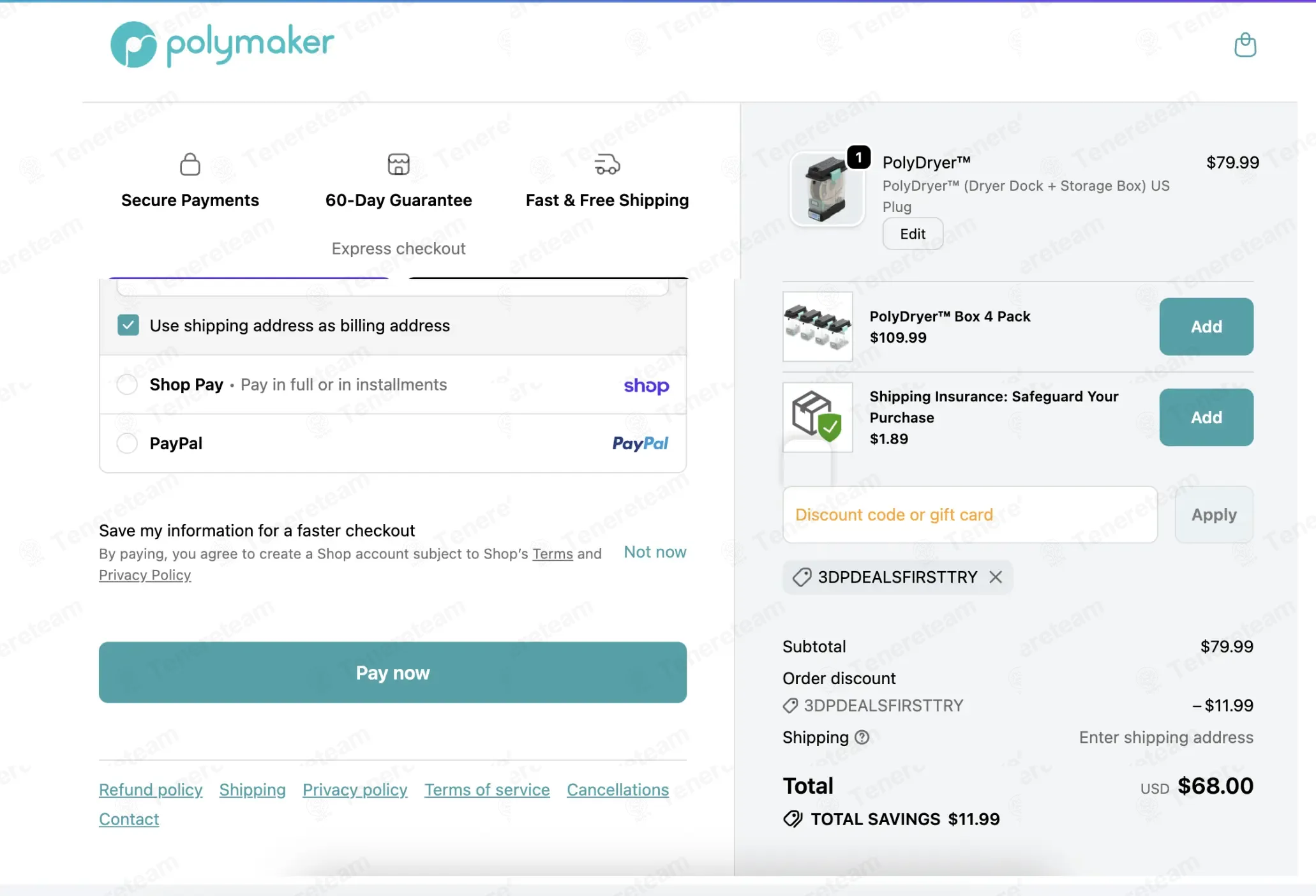 Polymaker coupon code: 15% off with 3DPDEALSFIRSTTRY. Tested and valid as 2 weeks ago.