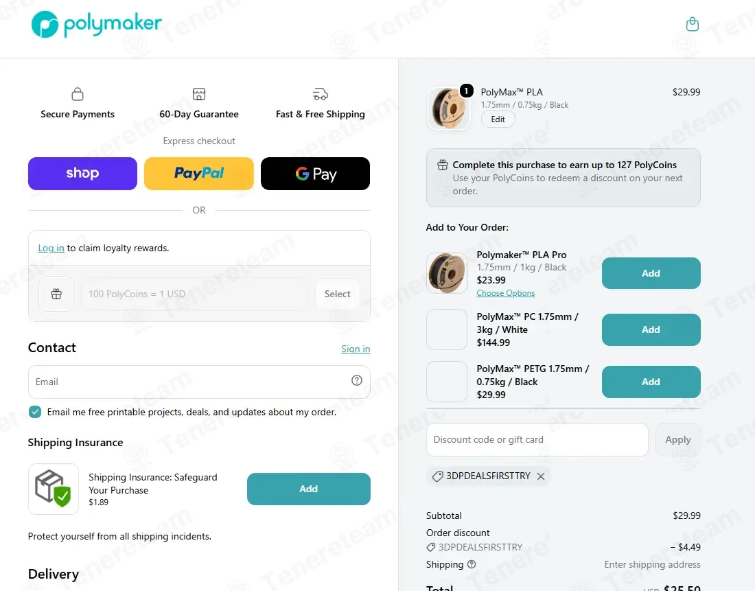 Polymaker coupon code: 15% off with 3DPDEALSFIRSTTRY. Tested and valid as 2 weeks ago.