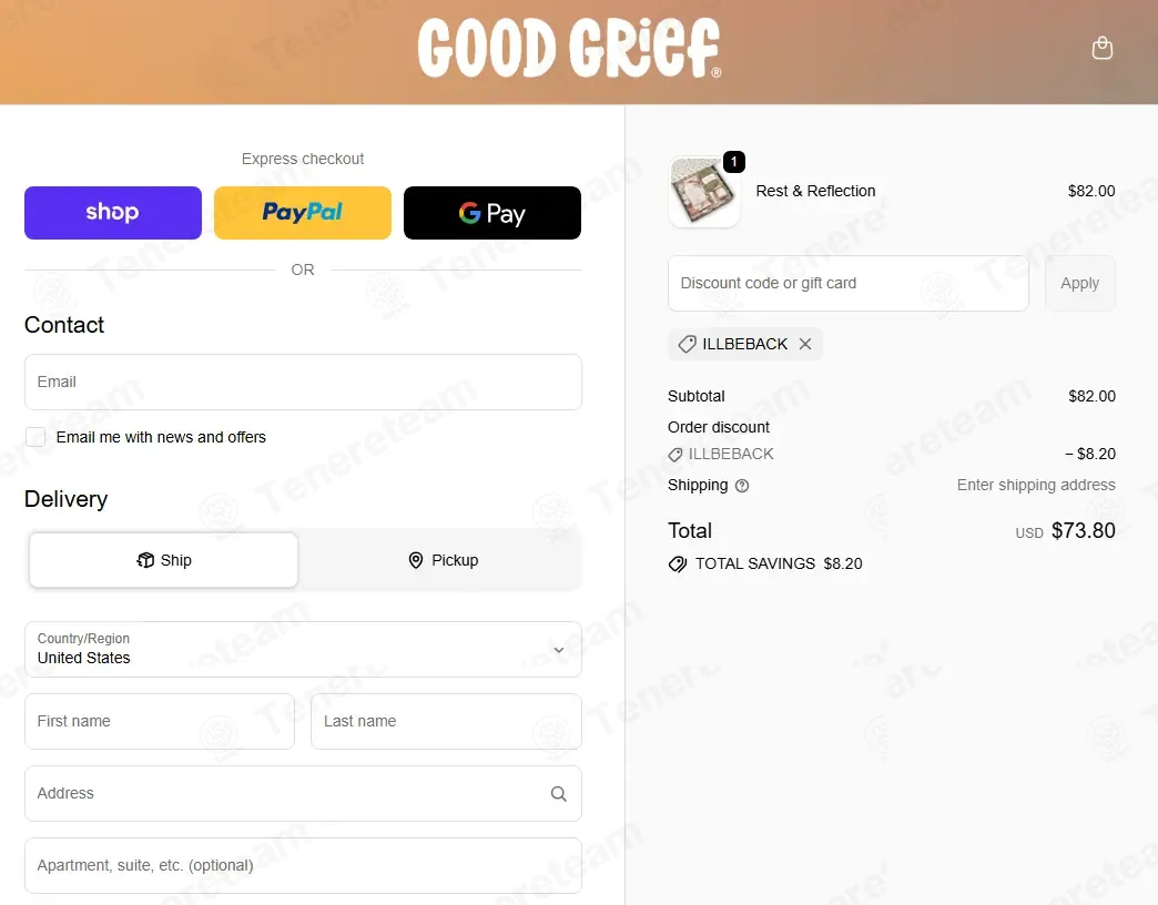 Shop Good Grief coupon code: 10% off with ILLBEBACK. Tested and valid as 2 weeks ago.