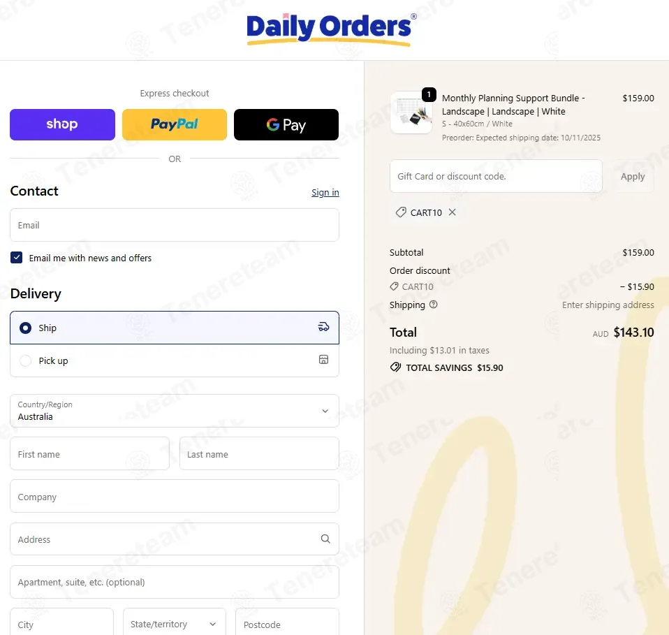 Daily Orders Australia coupon code: 10% off with CART10. Tested and valid as 10 months ago.