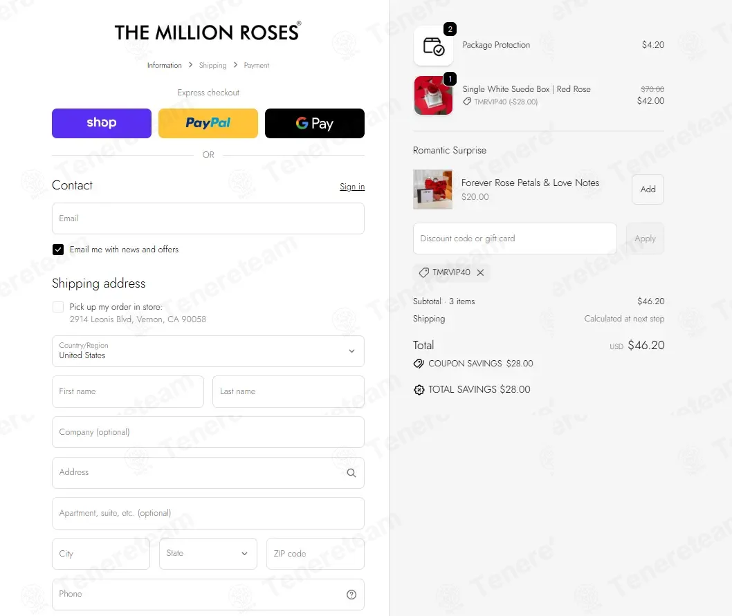 The Million Roses coupon code: 40% off with TMRVIP40. Tested and valid as 7 months ago.