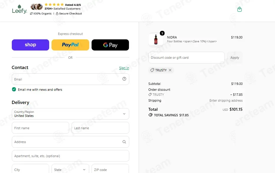 Leefy Organics coupon code: 15% off with TRUSTY. Tested and valid as 1 week ago.