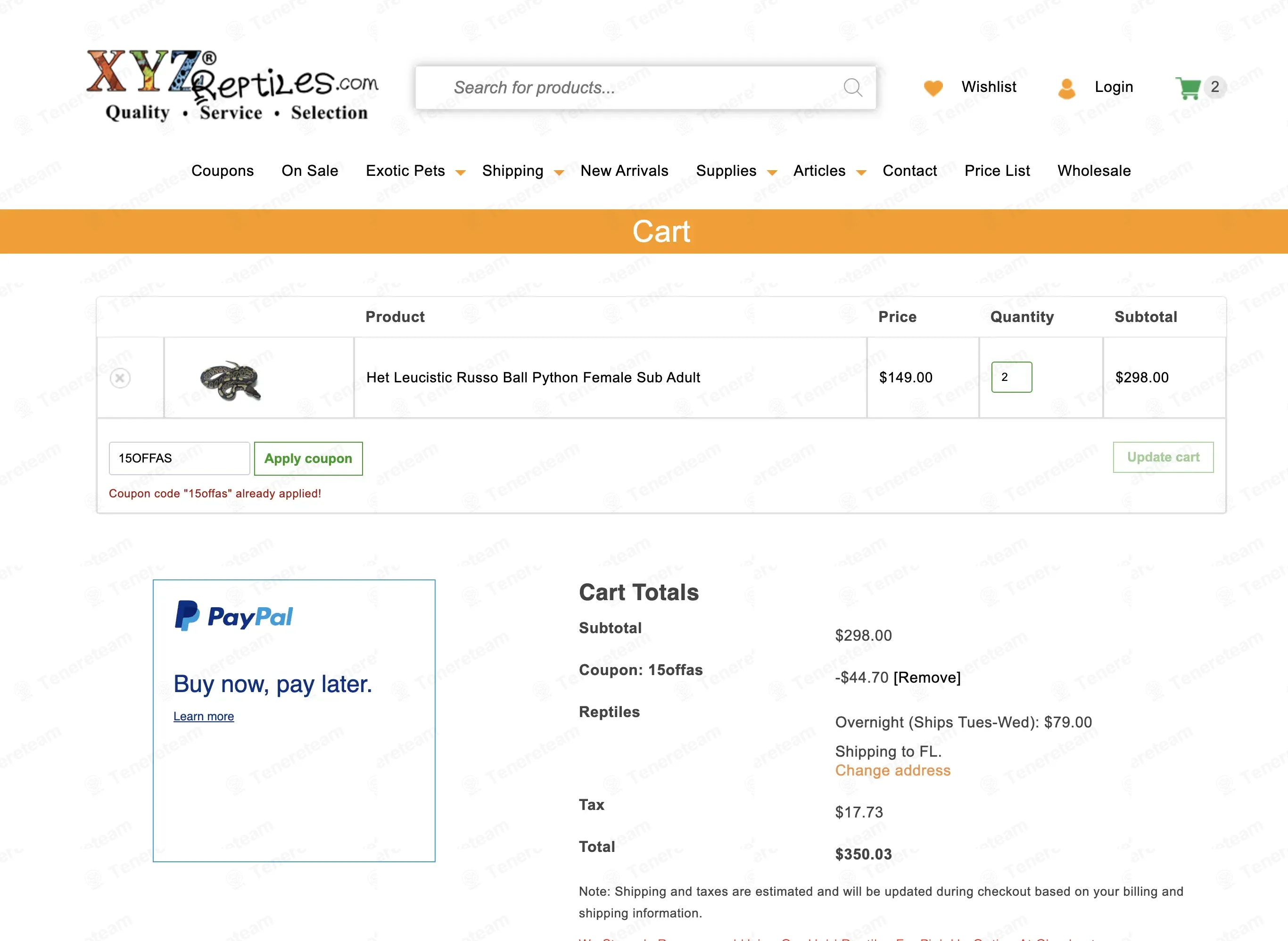 XYZ Reptiles coupon code: 15% off with 15OFFAS. Tested and valid as 5 months ago.