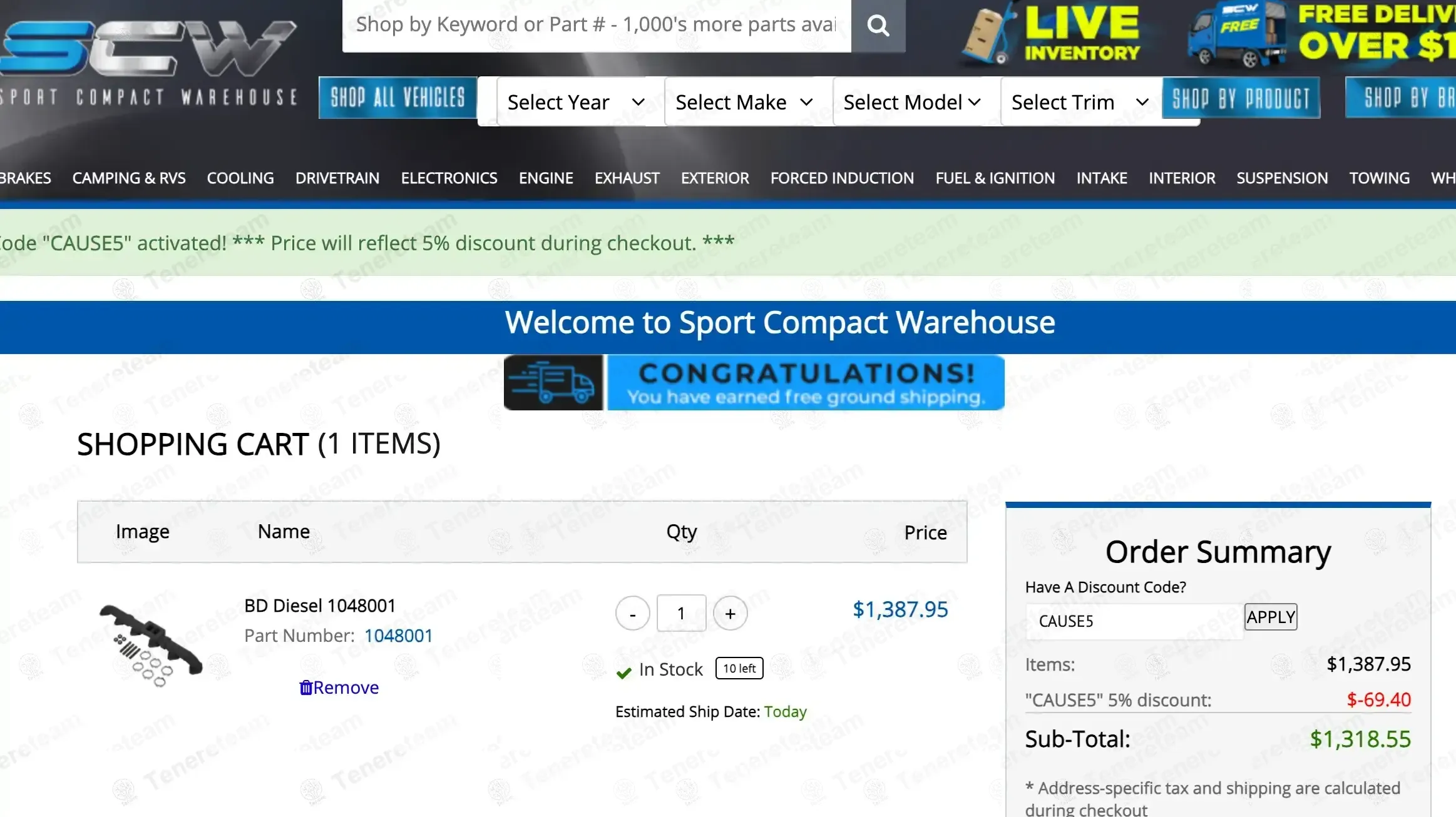 Sport Compact Warehouse coupon code: 5% off with CAUSE5. Tested and valid as 3 days ago.