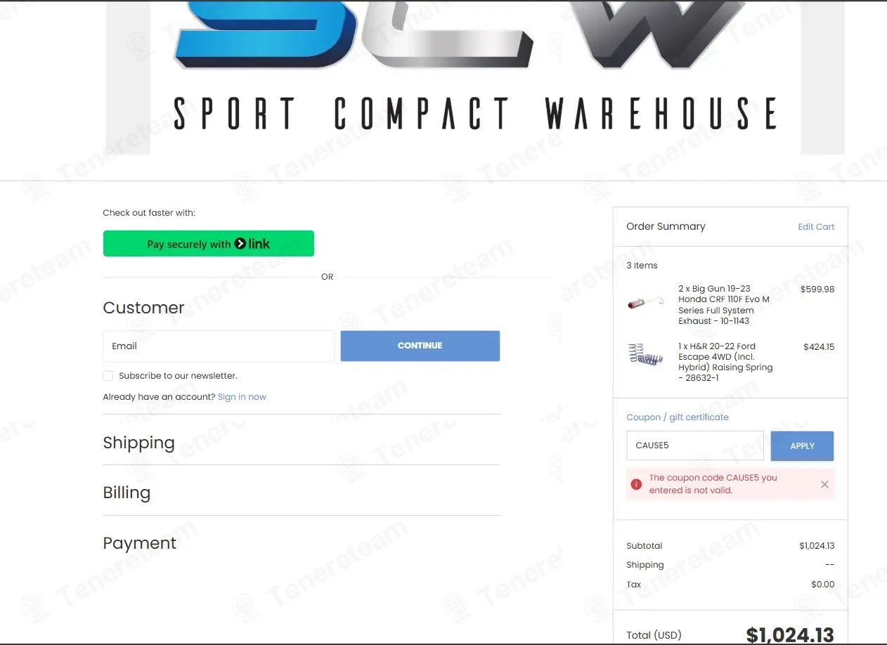 Sport Compact Warehouse coupon code: 5% off with CAUSE5. Tested and valid as 3 days ago.