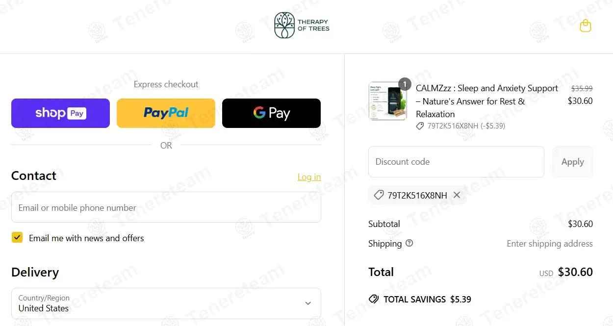 Therapy of Trees coupon code: 15% off with 79T2K516X8NH. Tested and valid as 2 weeks ago.