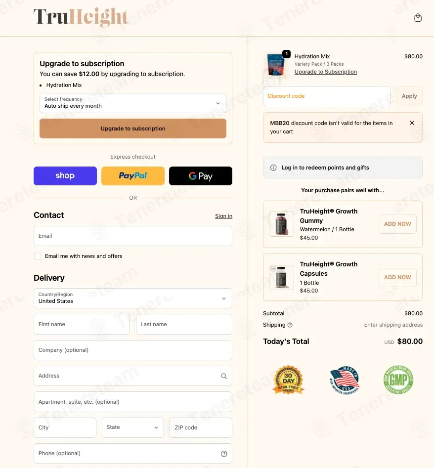 TruHeight Vitamins coupon code: 20% off with MBB20. Tested and valid as 2 weeks ago.