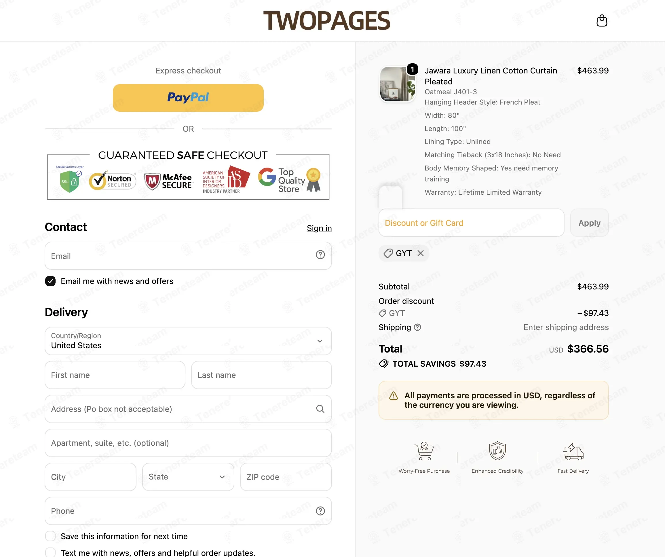 Two Pages Curtains coupon code: 20% off with GYT. Tested and valid as 1 month ago.