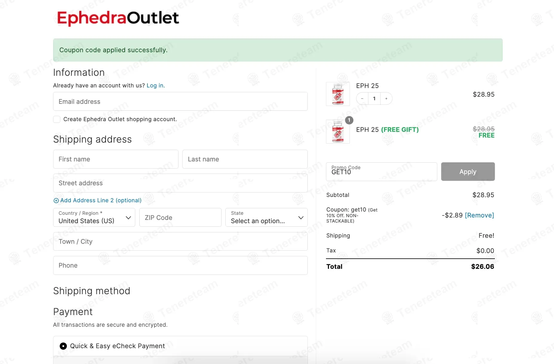 Ephedra Outlet coupon code: 10% off with GET10. Tested and valid as 9 months ago.