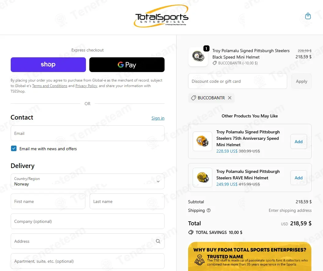 Total Sports Enterprises coupon code: $10 off with BUCCOBANTR. Tested and valid as 1 month ago.