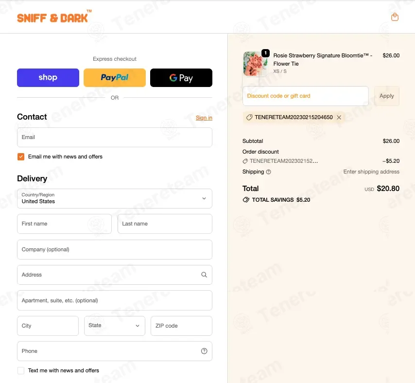 Sniff and Bark coupon code: 20% off with TENERETEAM20230215204650. Tested and valid as 3 weeks ago.