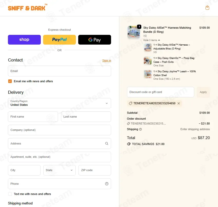 Sniff and Bark coupon code: 20% off with TENERETEAM20230215204650. Tested and valid as 3 weeks ago.