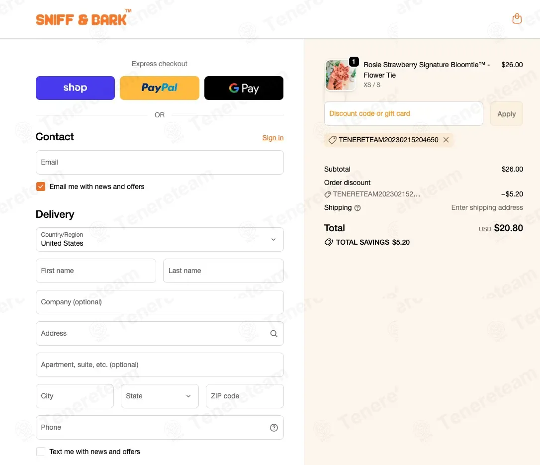 Sniff and Bark coupon code: 20% off with TENERETEAM20230215204650. Tested and valid as 3 weeks ago.