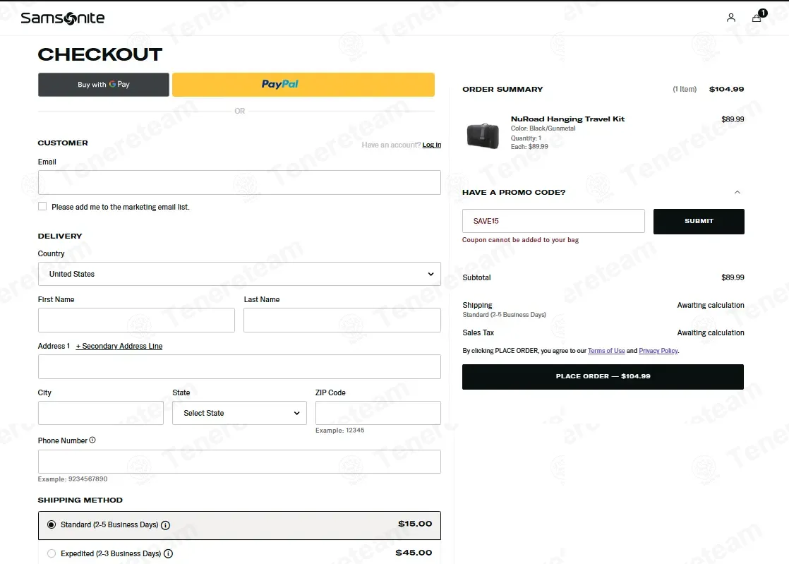 Samsonite coupon code: 15% off with SAVE15. Tested and valid as 2 months ago.