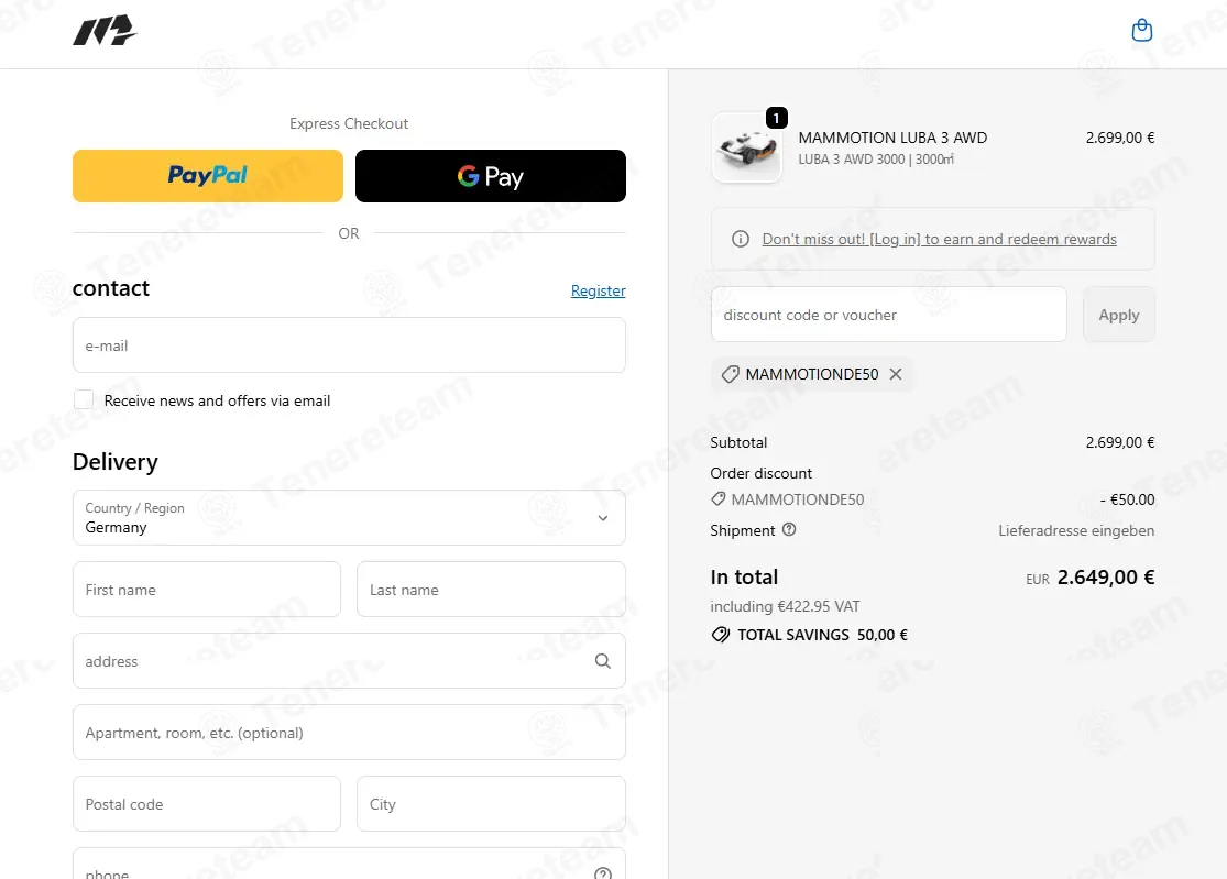 Mammotion DE coupon code: €50 off with MAMMOTIONDE50. Tested and valid as 2 weeks ago.