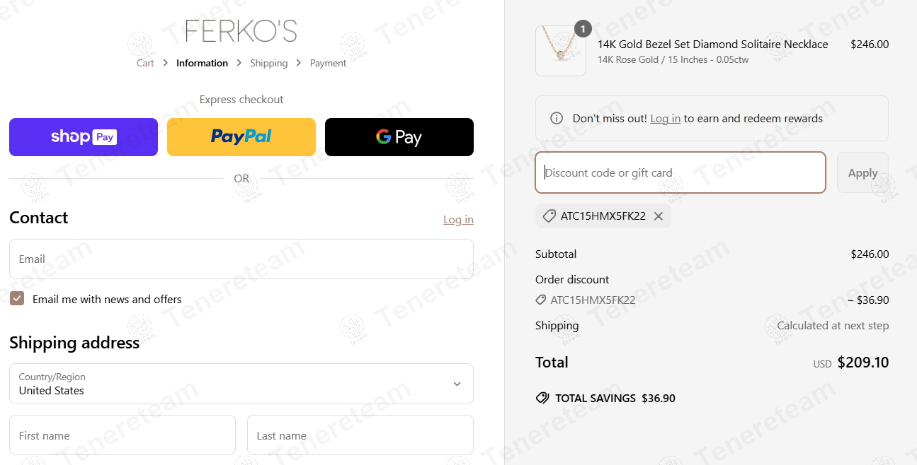 Ferkos Fine Jewelry coupon code: 15% off with ATC15HMX5FK22. Tested and valid as 6 months ago.